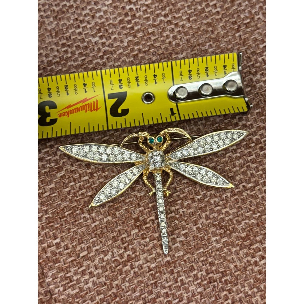 Vintage Gold Tone Dragonfly Brooch Clear Rhinestone Green Eyes Insect Pin - Picture 4 of 4